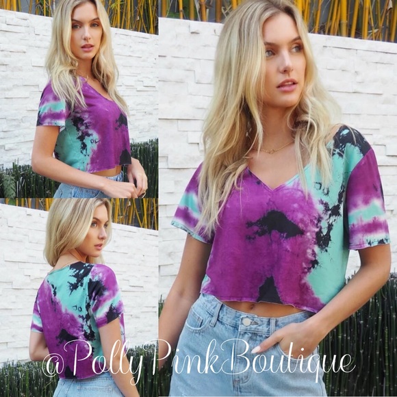 None Tops - Tie Dye V-Neck Boxy Cropped Tee